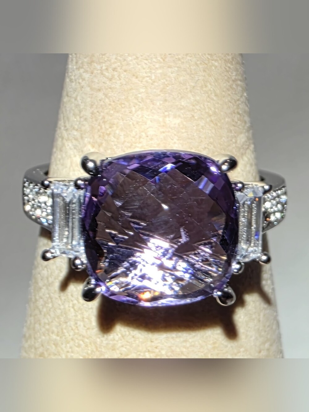 Amethyst Cushion Cut White Corundum Rhodium Over Sterling Silver ring size 7